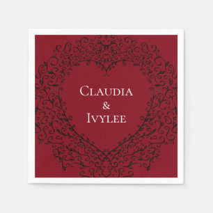 赤くおよび黒いハートのゴシック様式結婚式のナプキン スタンダードカクテルナプキン