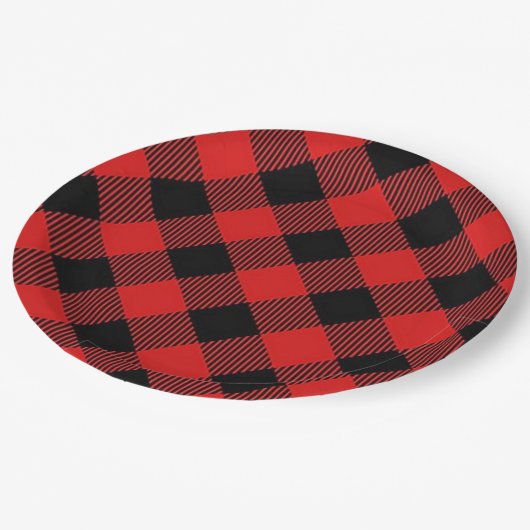 赤くおよび黒いバッファローの格子縞のクリスマス・パーティのプレート ペーパープレート (アングル)