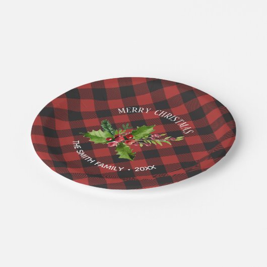 赤くおよび黒いバッファローの格子縞のクリスマス ペーパープレート (アングル)