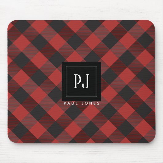赤くおよび黒いバッファローの格子縞のモノグラム マウスパッド (正面)