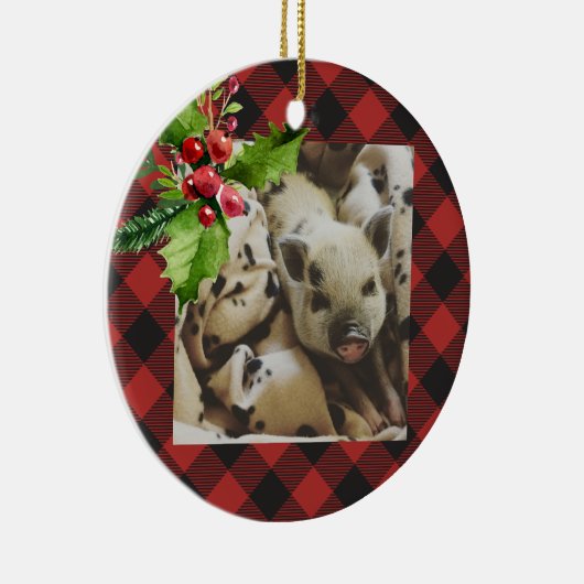 赤くおよび黒いバッファローの格子縞の休日の写真 セラミックオーナメント (右)