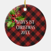 赤くおよび黒いバッファローの格子縞の休日の写真 セラミックオーナメント (裏面)