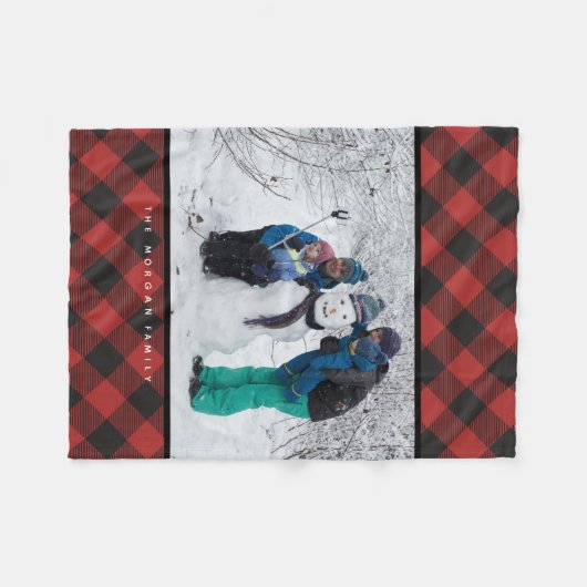 赤くおよび黒いバッファローの格子縞の写真 フリースブランケット (正面(横))