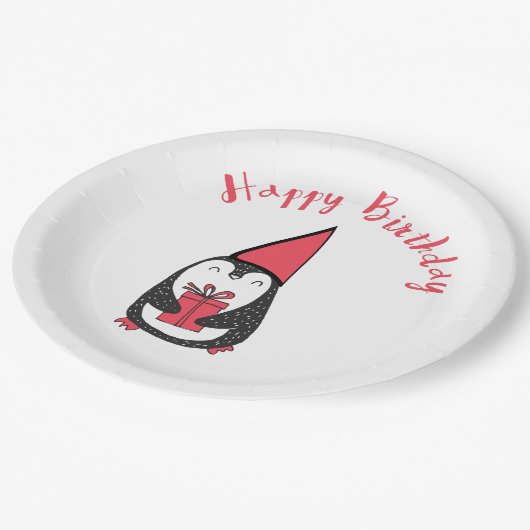 赤くおよび黒いペンギンの誕生日 ペーパープレート (アングル)