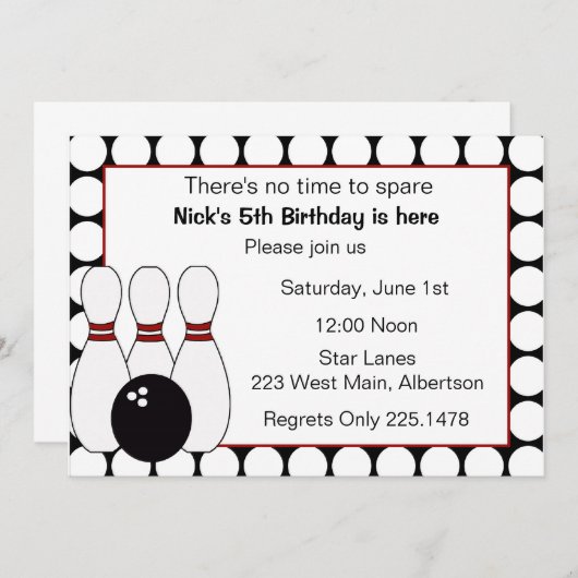 赤くおよび黒いボーリングの誕生日のパーティの招待状 招待状 (正面/裏面)