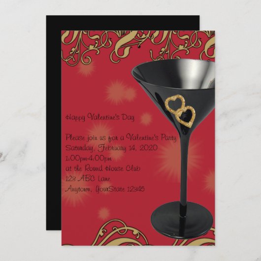 赤くおよび黒いマルティーニのバレンタインのパーティの招待状 招待状 (正面/裏面)