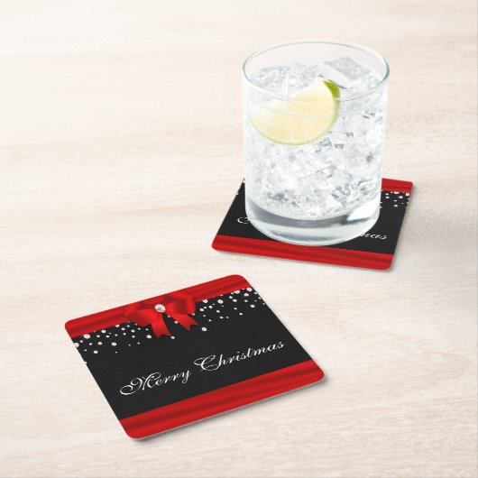 赤くおよび黒いメリークリスマス スクエアペーパーコースター (インサイチュ)