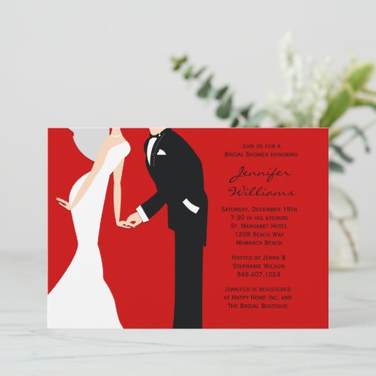 赤くおよび黒い新郎新婦のウェディングシャワー 招待状 (スタンド正面)