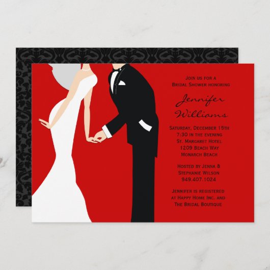赤くおよび黒い新郎新婦のウェディングシャワー 招待状 (正面/裏面)