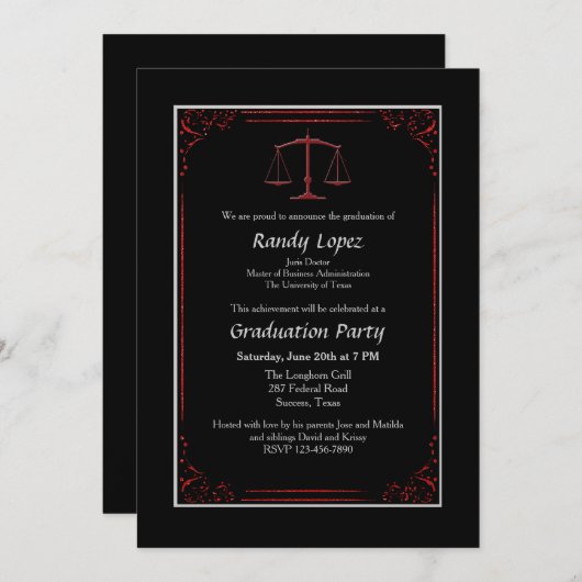 赤くおよび黒い正義のスケールの招待状 招待状 (正面/裏面)