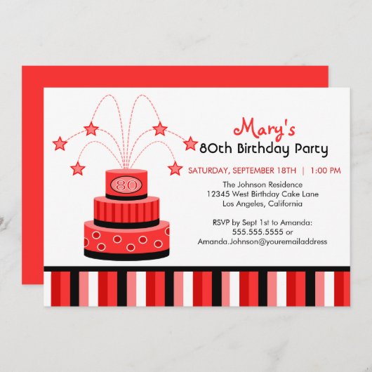 赤くおよび黒い第80お誕生日ケーキのパーティの招待状 招待状 (正面/裏面)