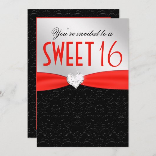 赤くおよび黒い花のダマスク織のダイヤモンドのハート 招待状 (正面/裏面)