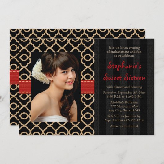 赤くおよび黒い金ゴールドのモロッコのSweet sixteenの写真 招待状 (正面/裏面)