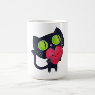 赤くかわいいハートを抱き締めているロマンチックな猫 コーヒーマグカップ