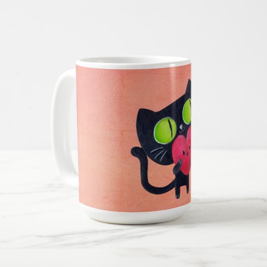 赤くかわいいハートを抱き締めているロマンチックな猫 コーヒーマグカップ (正面左)