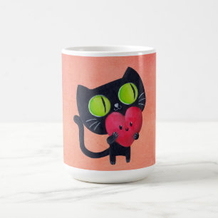 赤くかわいいハートを抱き締めているロマンチックな猫 コーヒーマグカップ