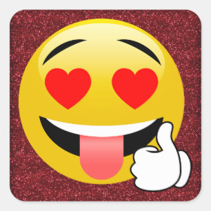 赤くきらびやかなハートの目の親指はEmojiのステッカーを持ち上げます スクエアシール