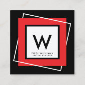 赤くはっきりしたで幾何学的な正方形フレームのモノグラムの正方形 スクエア名刺 (正面)