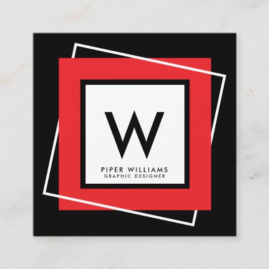 赤くはっきりしたで幾何学的な正方形フレームのモノグラムの正方形 スクエア名刺 (正面)
