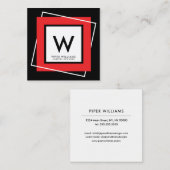 赤くはっきりしたで幾何学的な正方形フレームのモノグラムの正方形 スクエア名刺 (正面/裏面)