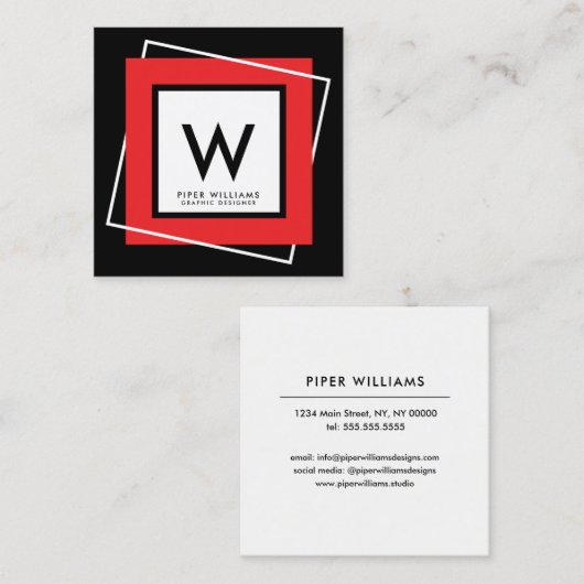 赤くはっきりしたで幾何学的な正方形フレームのモノグラムの正方形 スクエア名刺 (正面/裏面)