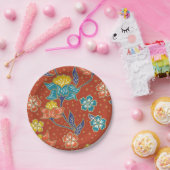 赤くエキゾチックなインドネシアの花のろうけつ染めパターン ペーパープレート (パーティー)