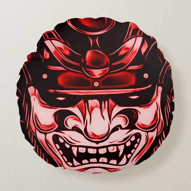 赤くクラシックな鬼の武士のマスクの円形の枕 ラウンドクッション (正面)