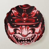 赤くクラシックな鬼の武士のマスクの円形の枕 ラウンドクッション (裏面)