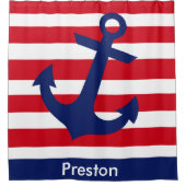 赤くストライプのな及び海軍いかり シャワーカーテン (正面)