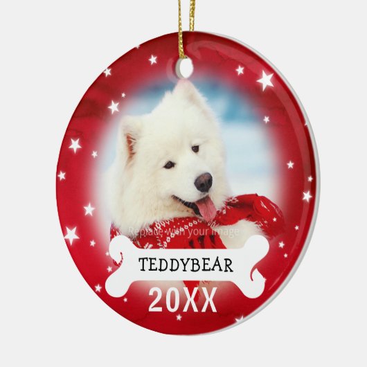 赤くパーソナライズな犬ペット写真のクリスマスオーナメント セラミックオーナメント (左)