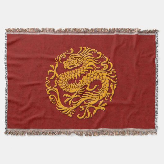 赤く中国のなドラゴンの円の伝統的な黄色 スローブランケット (正面)