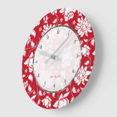 赤く及び白いヴィンテージの花柄のダマスク織 ラージ壁時計 (傾斜)