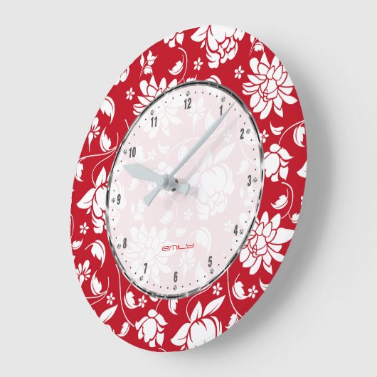 赤く及び白いヴィンテージの花柄のダマスク織 ラージ壁時計 (傾斜)