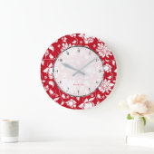 赤く及び白いヴィンテージの花柄のダマスク織 ラージ壁時計 (ホーム)