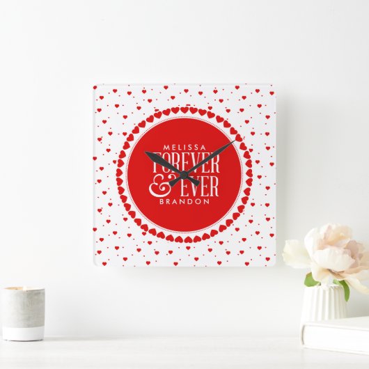 赤く及び白い円のハートのバレンタインのデザイン スクエア壁時計 (ホーム)