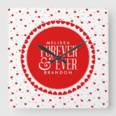 赤く及び白い円のハートのバレンタインのデザイン スクエア壁時計 (正面)