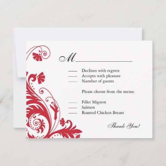 赤く及び白い結婚式の応答カード 出欠カード (裏面)