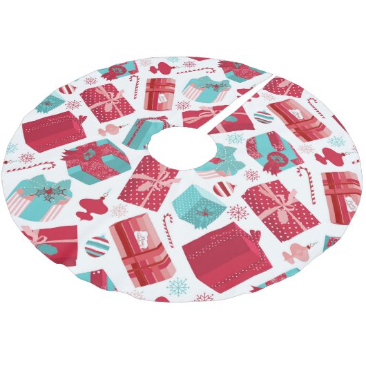 赤く及び青のレトロのクリスマスのパッケージ ブラッシュドポリエステルツリースカート (アングル)