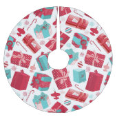 赤く及び青のレトロのクリスマスのパッケージ ブラッシュドポリエステルツリースカート (正面)