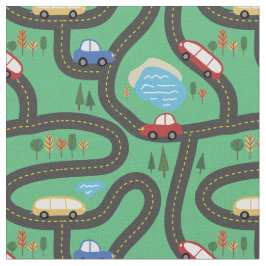 赤く及び青車-子供の道路図 ファブリック