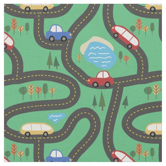 赤く及び青車-子供の道路図 ファブリック (クローズアップ)