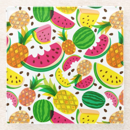 赤く及び黄色のトロピカル・フルーツパターン ガラスコースター (正面)