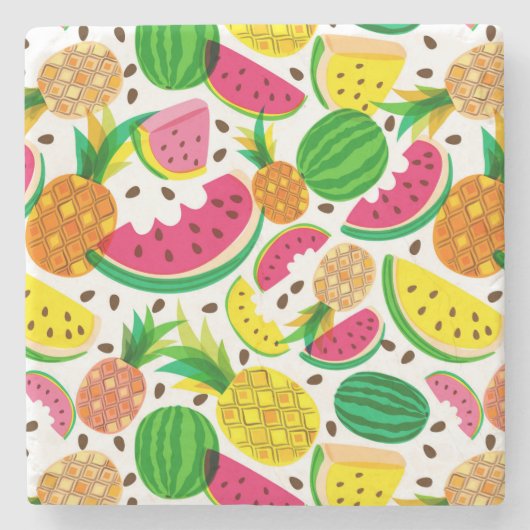 赤く及び黄色のトロピカル・フルーツパターン ストーンコースター (正面)