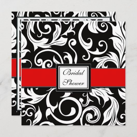 赤く及び黒いダマスク織のブライダルシャワー招待状 招待状 (正面/裏面)