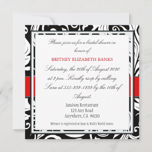赤く及び黒いダマスク織のブライダルシャワー招待状 招待状 (裏面)