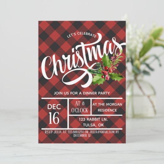 赤く及び黒いバッファローの格子縞のクリスマス・パーティの招待 招待状 (スタンド正面)