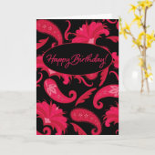 赤く及び黒いペイズリーのハッピーバースデーの挨拶状 カード (黄色い花)