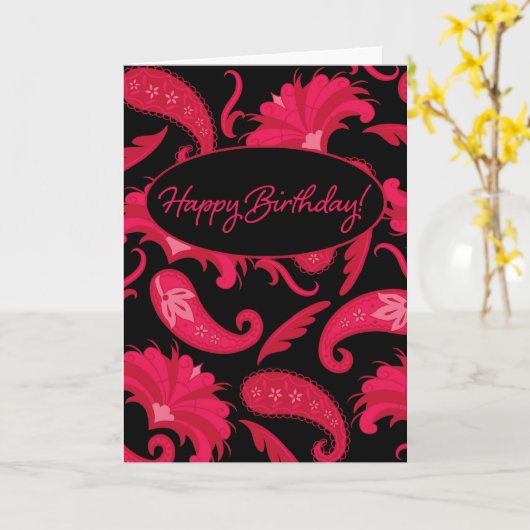 赤く及び黒いペイズリーのハッピーバースデーの挨拶状 カード (黄色い花)