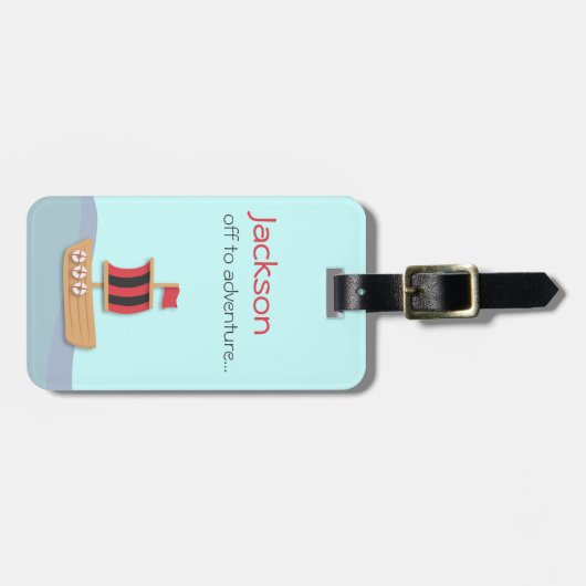 赤く及び黒い帆が付いている海賊ボート ラゲッジタグ (正面横)