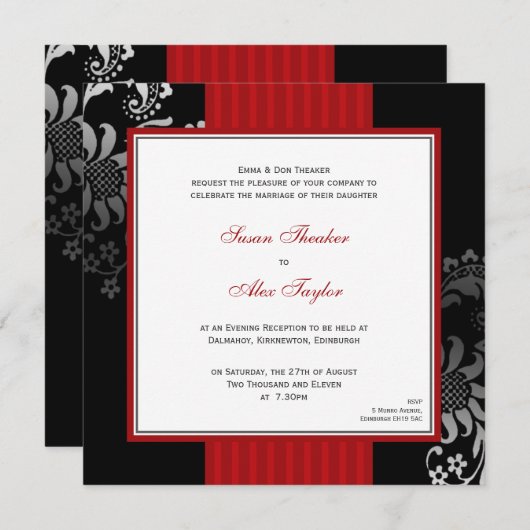 赤く及び黒く華美なパターン結婚式招待状 招待状 (正面/裏面)